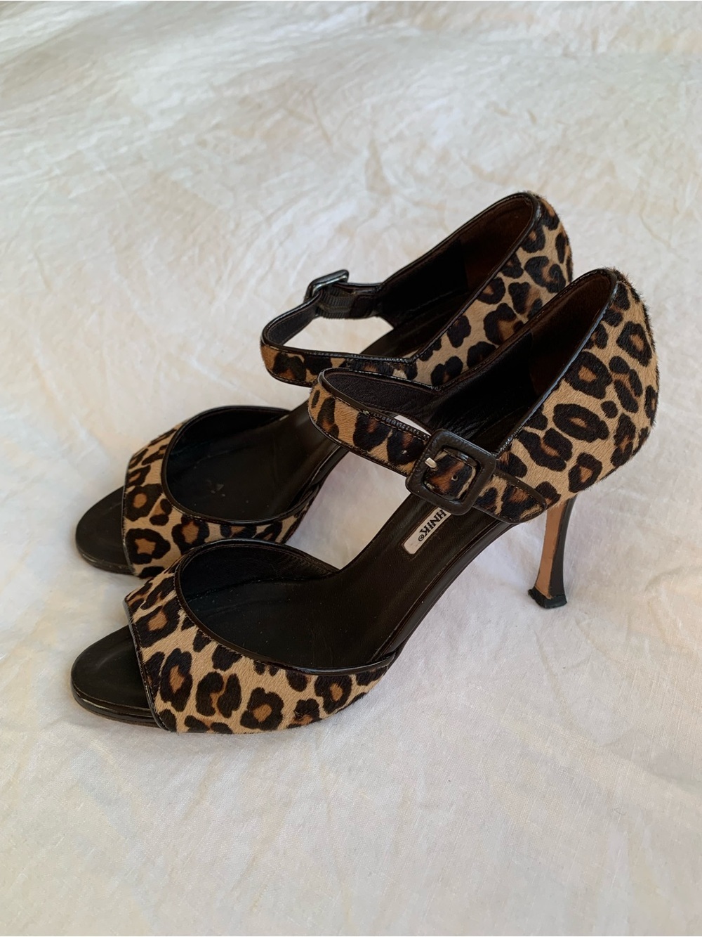 Vintage Manolo Blahnik Leopard Cheetah Ponyhair Open Toe Ankle Strap Heels